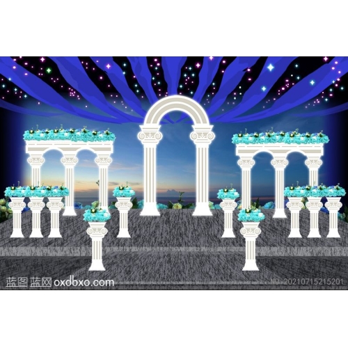 西式婚礼背景罗马柱KT版雕刻造型婚庆背景墙效果图蓝色主题素材_作品编号NO:20210715215201