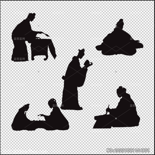古代人物读书琴棋书画单色剪影图案纹样插画手绘欧喜东绘画_素材编号NO:20221021154801
