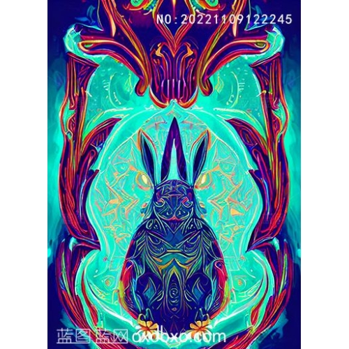 神圣兔王玄幻神秘抽象蓝色背景兔子插画素材编号_NO:20221109122245
