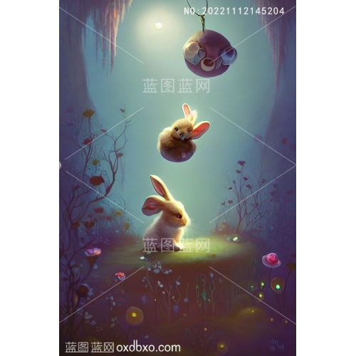 小兔子安徒生童话月光下夜色梦幻可爱小白兔插画素材编号_NO:20221112145204