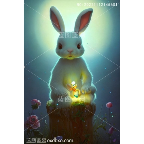月光小白兔子萤火虫夜色通话梦幻坐着的小兔小天使插画素材编号_NO:20221112145601