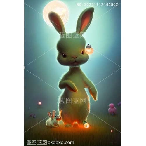 小兔子跳舞夜色朦胧月光萤火虫童话世界幻觉插画素材编号_NO:20221112145502