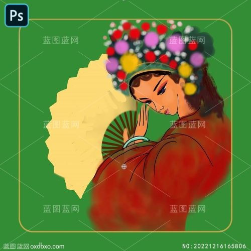 国潮风国风人物插画美女京剧京戏话单扇子凤冠卡通插画原创商用素材编号_NO:20221216165806