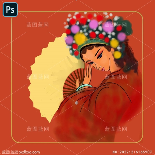 中国红袍国潮风国风人物插画美女京剧京戏话单扇子凤冠卡通插画原创商用素材编号_NO:20221216165907