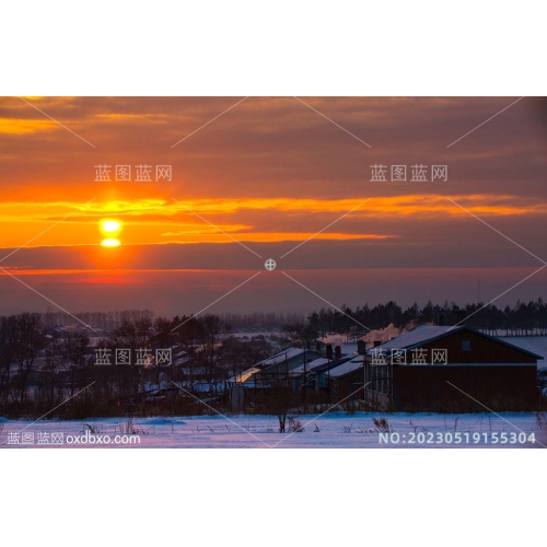 夕阳雪景民房平方东北农村雪乡摄影素材编号_NO20230519155304