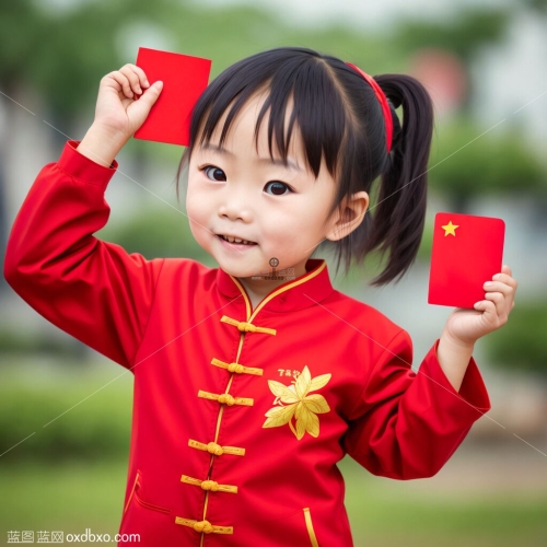 羊毛素材手拿红包穿红衣唐装的中国小女孩小姑娘图片素