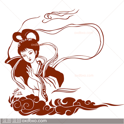 商用素材线描手绘插画嫦娥玉兔仙女神话祥云传统文化神话传说人物